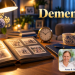Demenz – Anna und Herbert - Herbert Eder - Frequenzforscher Aufgeschlagenes Familienfotoalbum neben einer Uhr, einer Leselampe und einem blauen Notizbuch. Porträtbadge Anna und Herbert rechts unten.
