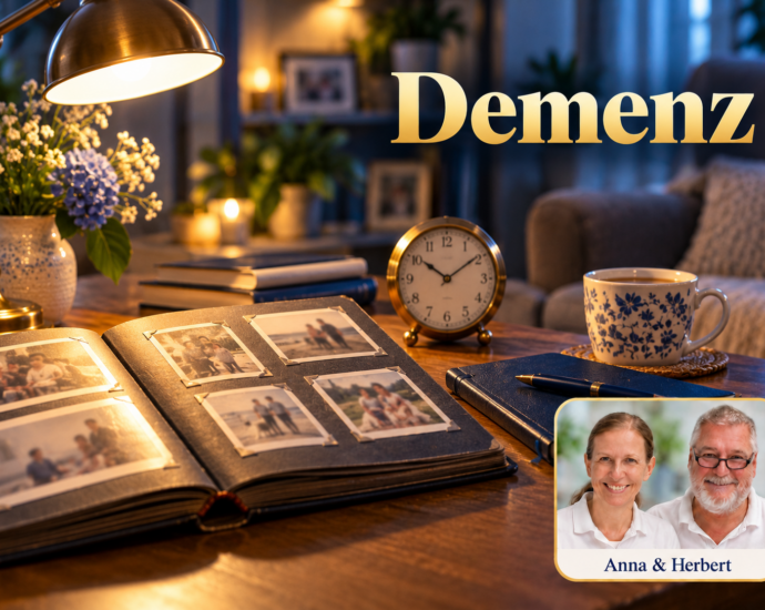 Aufgeschlagenes Familienfotoalbum neben einer Uhr, einer Leselampe und einem blauen Notizbuch. Porträtbadge Anna und Herbert rechts unten.