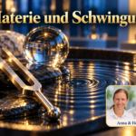 Materie und Schwingung – Anna und Herbert - Herbert Eder - Frequenzforscher Ein Stein, eine Glaskugel, eine Stimmgabel und Wasserringe in einer symbolischen Stillleben-Komposition; Porträt-Badge Anna und Herbert rechts unten.