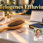 Telogenes Effluvium – Anna und Herbert - Herbert Eder - Frequenzforscher Haarbürste mit losen Haaren neben einem schlichten Kalender und einem blauen Notizbuch. Porträtbadge Anna und Herbert rechts unten.