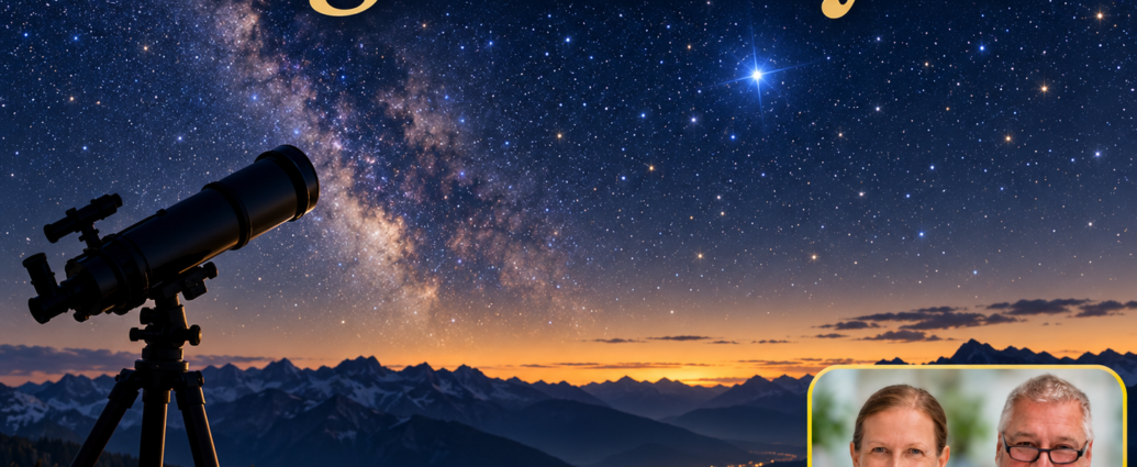 Vega und Lyra – Anna und Herbert - Herbert Eder - Frequenzforscher Ein Teleskop vor einer alpinen Nachtlandschaft mit Sternenhimmel und einem hellen Stern; Porträt-Badge Anna und Herbert rechts unten.