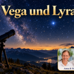 Vega und Lyra – Anna und Herbert - Herbert Eder - Frequenzforscher Ein Teleskop vor einer alpinen Nachtlandschaft mit Sternenhimmel und einem hellen Stern; Porträt-Badge Anna und Herbert rechts unten.