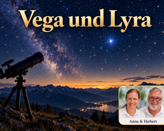 Ein Teleskop vor einer alpinen Nachtlandschaft mit Sternenhimmel und einem hellen Stern; Porträt-Badge Anna und Herbert rechts unten.