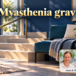 Myasthenia gravis – Anna und Herbert - Herbert Eder - Frequenzforscher Kurze Treppe mit Handlauf neben einer bequemen petrolfarbenen Sitzbank mit Decke. Porträtbadge Anna und Herbert rechts unten.