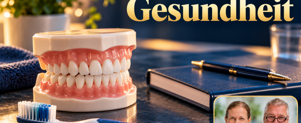 Zähne und Gesundheit – Anna und Herbert - Herbert Eder - Frequenzforscher Einfaches Zahnmodell und Zahnbürste auf einem Tisch neben einem geschlossenen Notizbuch. Porträtbadge Anna und Herbert rechts unten.