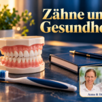 Zähne und Gesundheit – Anna und Herbert - Herbert Eder - Frequenzforscher Einfaches Zahnmodell und Zahnbürste auf einem Tisch neben einem geschlossenen Notizbuch. Porträtbadge Anna und Herbert rechts unten.