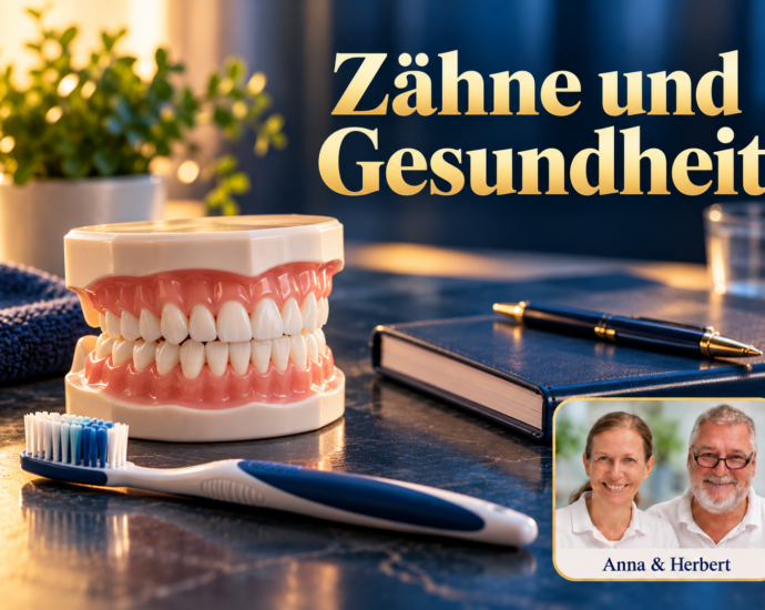 Einfaches Zahnmodell und Zahnbürste auf einem Tisch neben einem geschlossenen Notizbuch. Porträtbadge Anna und Herbert rechts unten.