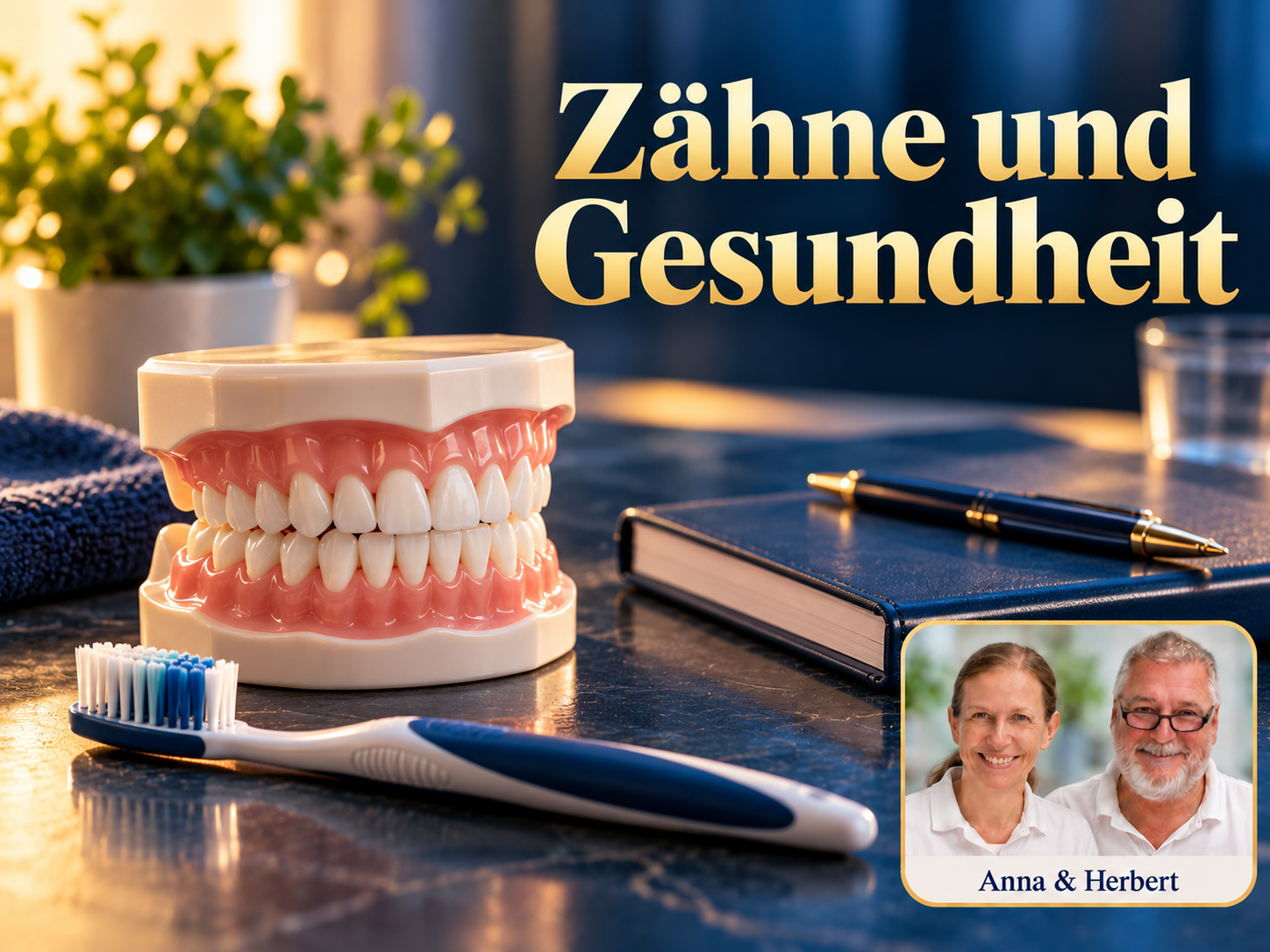 Zähne und Gesundheit – Anna und Herbert - Herbert Eder - Frequenzforscher Zahnmodell, Zahnbürste und Notizbuch unter dem Titel Zähne und Gesundheit.