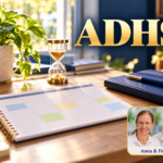 ADHS – Anna und Herbert - Herbert Eder - Frequenzforscher Geordneter Schreibtisch mit Wochenplaner, Notizbuch, Stift, Sanduhr und Pflanze am Fenster. Porträtbadge Anna und Herbert rechts unten.