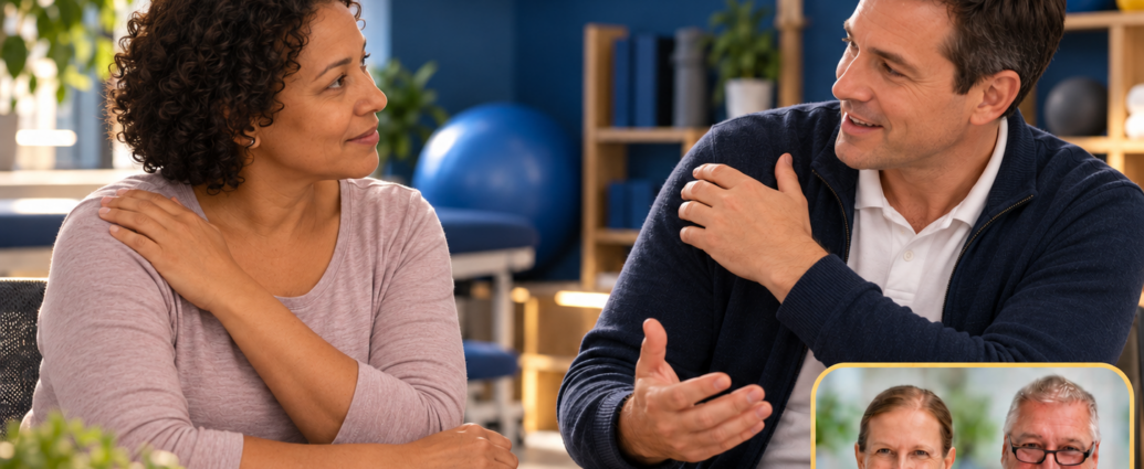 Myositis – Anna und Herbert - Herbert Eder - Frequenzforscher Fiktive Beratungsszene: Zwei Personen besprechen Schulterbeschwerden, auf dem Tisch liegt ein geschlossenes Tablet. Porträtbadge Anna und Herbert rechts unten.