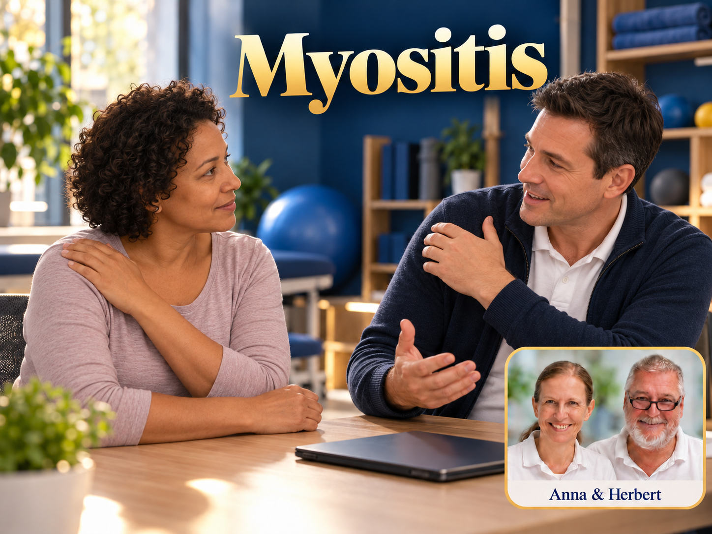 Myositis – Anna und Herbert - Herbert Eder - Frequenzforscher Frau und Mann sprechen an einem Tisch unter dem Titel Myositis.