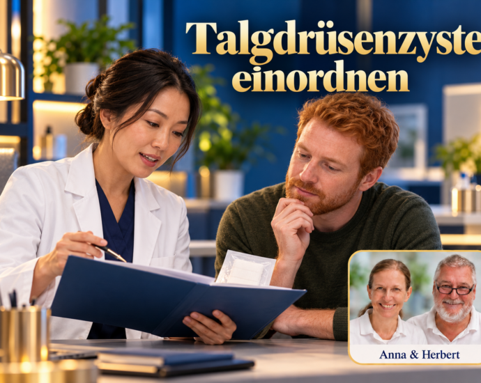 Mann und Frau im weißen Mantel betrachten eine Mappe unter dem Titel Talgdrüsenzyste einordnen.