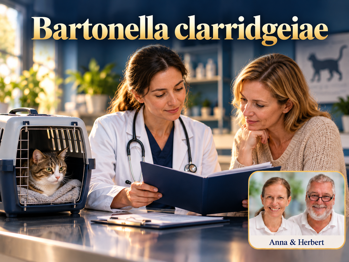 Bartonella clarridgeiae – Anna und Herbert - Herbert Eder - Frequenzforscher Zwei Frauen, eine im weißen Mantel, betrachten eine Mappe neben einer Katze in einer Transportbox unter dem Titel Bartonella clarridgeiae.