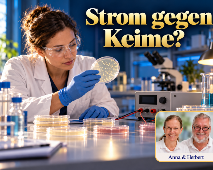 Una donna con un camice bianco osserva una piastra di Petri accanto a un apparecchio elettronico, sotto il titolo “Elettricità contro i germi?”