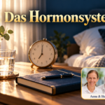 Das Hormonsystem - Herbert Eder - Frequenzforscher Eine analoge Uhr, ein Wasserglas und ein dunkelblaues Notizbuch auf einem Nachttisch im Morgenlicht. Anna und Herbert sind rechts unten im Porträt-Badge zu sehen.