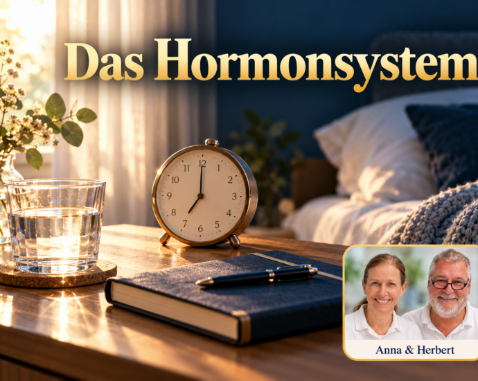 Eine analoge Uhr, ein Wasserglas und ein dunkelblaues Notizbuch auf einem Nachttisch im Morgenlicht. Anna und Herbert sind rechts unten im Porträt-Badge zu sehen.