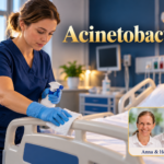 Acinetobacter – Anna und Herbert - Herbert Eder - Frequenzforscher Frau mit Handschuhen reinigt ein Krankenhausbett unter dem Titel Acinetobacter.