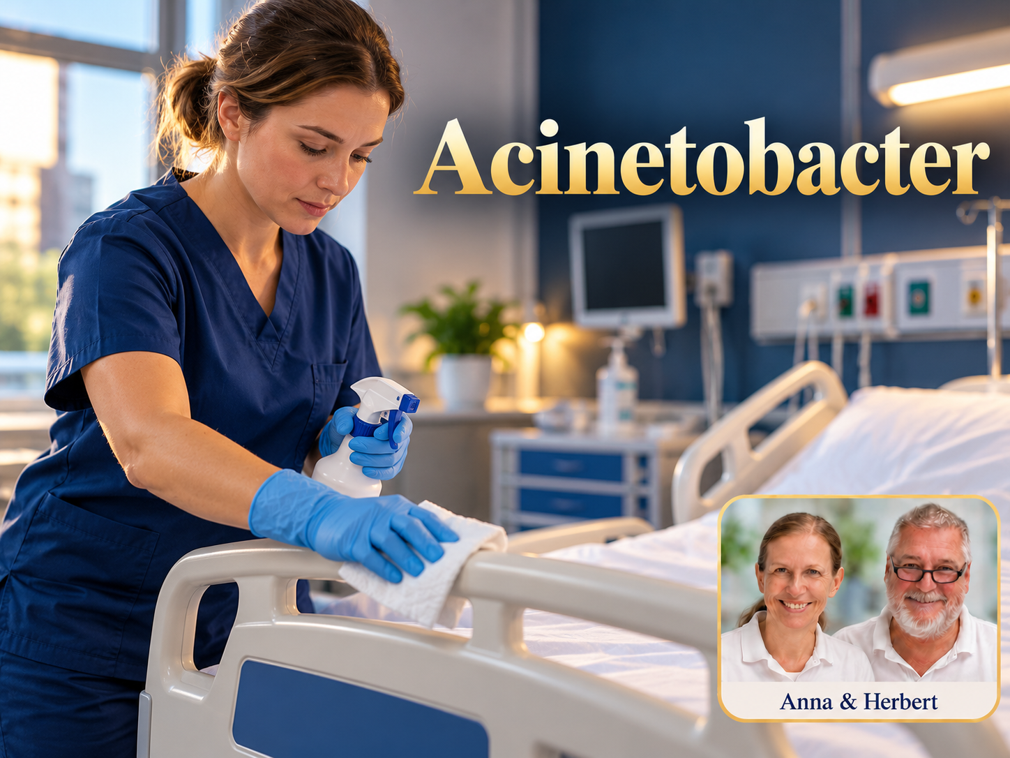 Acinetobacter – Anna und Herbert - Herbert Eder - Frequenzforscher Frau mit Handschuhen reinigt ein Krankenhausbett unter dem Titel Acinetobacter.