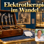 Elektrotherapie im Wandel – Anna und Herbert - Herbert Eder - Frequenzforscher Historischer Gerätekoffer mit Glasröhren neben moderner Klebeelektrode unter dem Titel Elektrotherapie im Wandel.