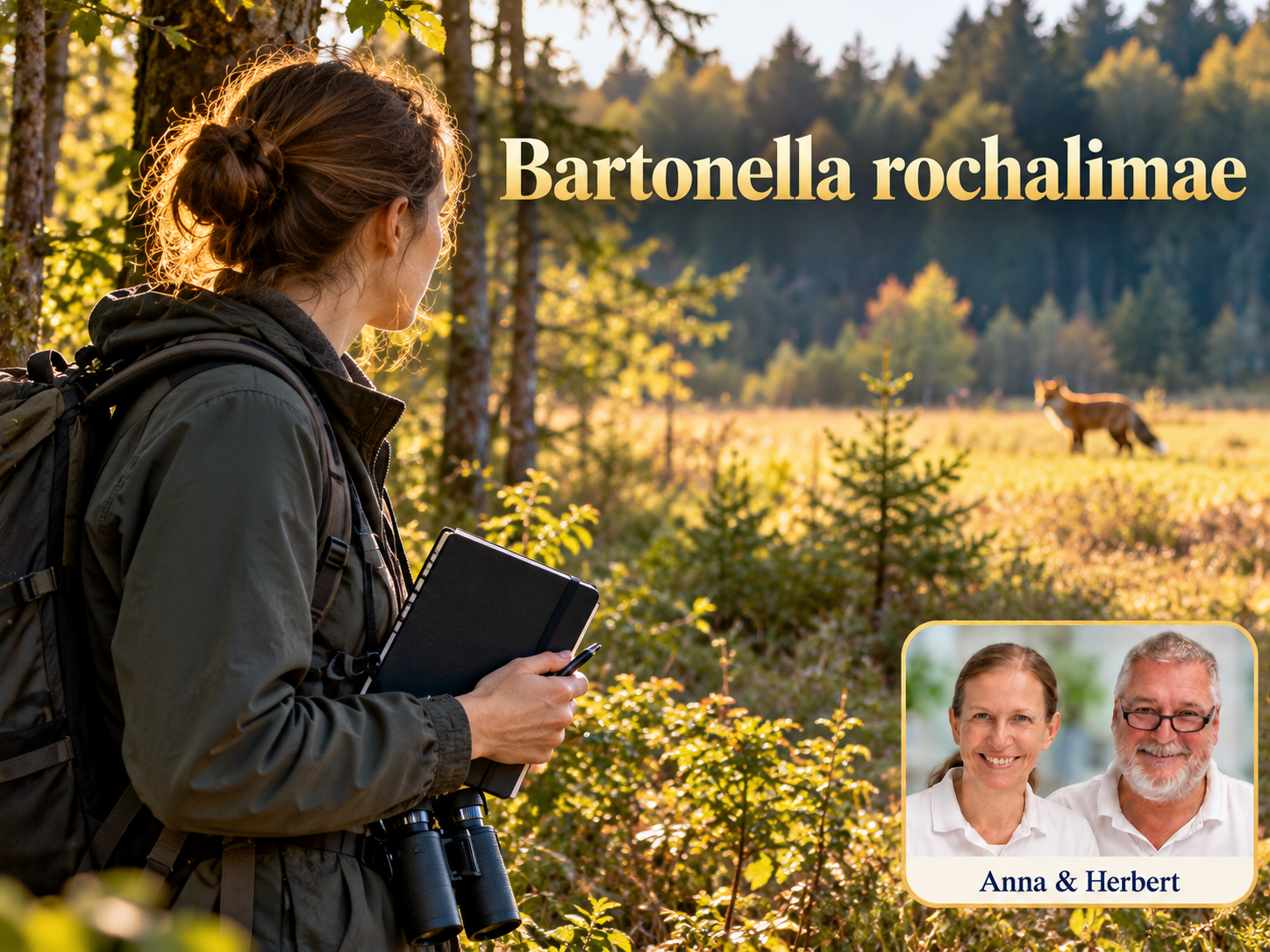 Bartonella rochalimae – Anna und Herbert - Herbert Eder - Frequenzforscher Frau mit Notizbuch blickt auf ein hundeartiges Tier am Waldrand unter dem Titel Bartonella rochalimae.