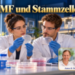 EMF und Stammzellen – Anna und Herbert - Herbert Eder - Frequenzforscher Zwei Forschende vergleichen Petrischalen in einem Labor als Symbol für die Untersuchung von Stammzellen. Porträtbadge Anna und Herbert rechts unten.
