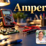 Ampere – Anna and Herbert - Herbert Eder - Frequency Researcher A multimeter with a blurry display, unconnected test leads, and a circuit board on a workbench; Anna and Herbert's portrait badges in the lower right corner.