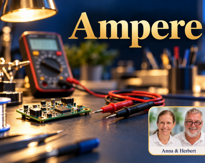 Ein Multimeter mit unscharfer Anzeige, unverbundene Messleitungen und eine Platine auf einem Arbeitstisch; Porträt-Badge Anna und Herbert rechts unten.