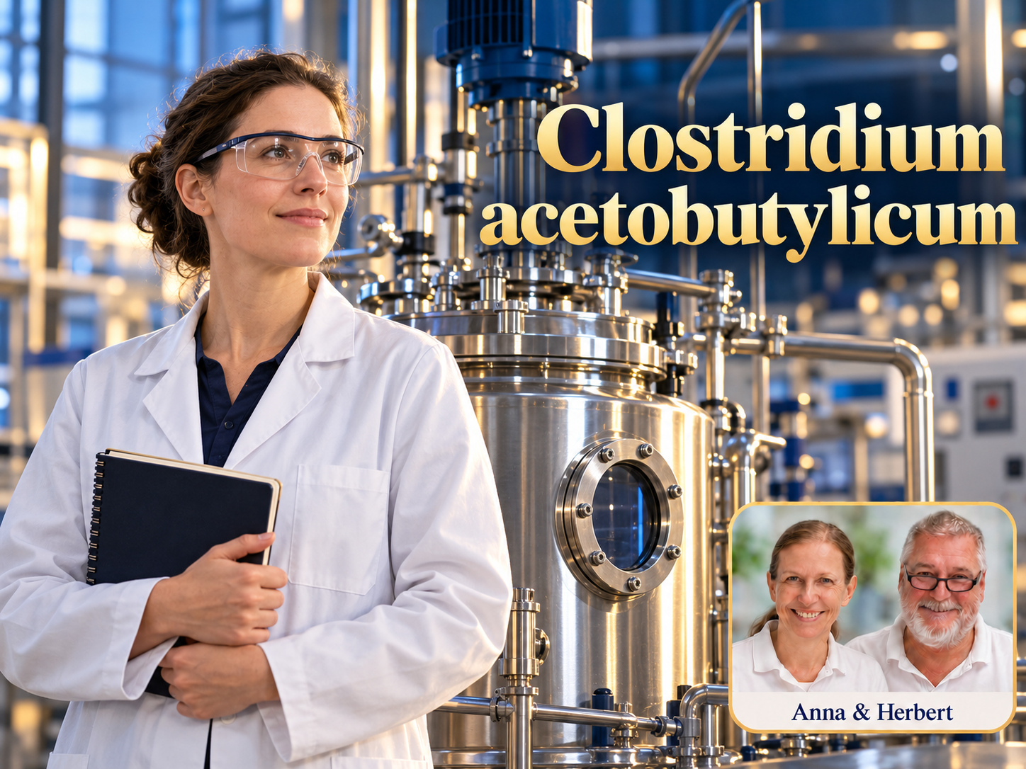Clostridium acetobutylicum – Anna und Herbert - Herbert Eder - Frequenzforscher Frau mit Schutzbrille und Mappe neben einem metallischen Fermenter unter dem Titel Clostridium acetobutylicum.
