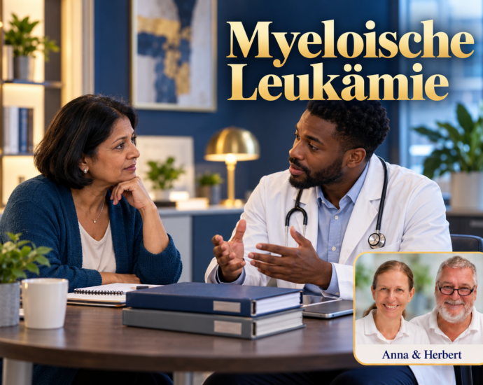 Frau spricht mit einem Mann im weißen Mantel unter dem Titel Myeloische Leukämie.