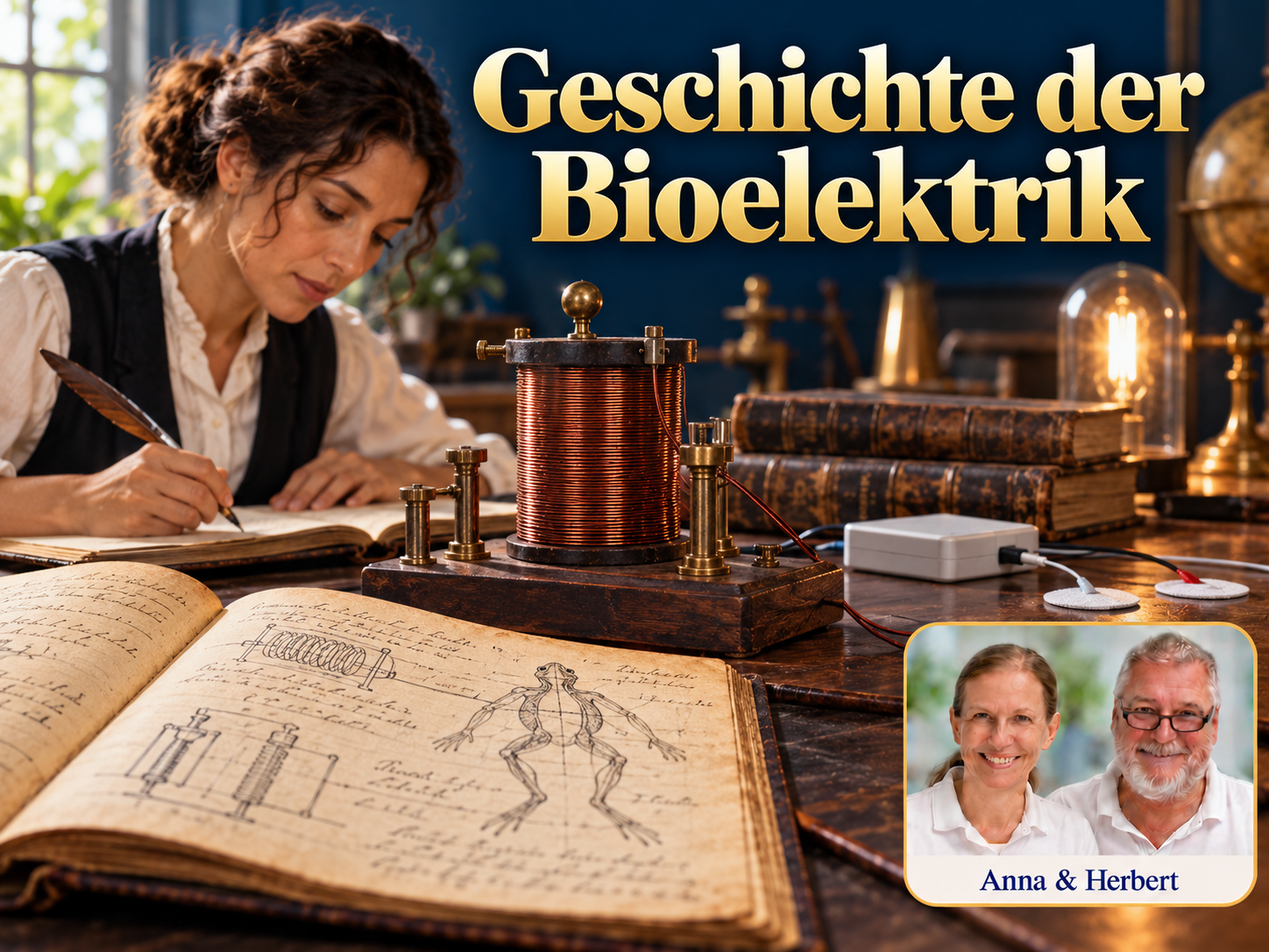 Historia de la bioeléctrica – Anna y Herbert – Herbert Eder – Investigador de frecuencias Una mujer escribe con una pluma junto a bobinas y libros antiguos, bajo el título «Historia de la bioelectricidad».