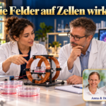 Wie Felder auf Zellen wirken – Anna und Herbert - Herbert Eder - Frequenzforscher Zwei Personen im weißen Mantel betrachten einen Spulenaufbau unter dem Titel Wie Felder auf Zellen wirken.