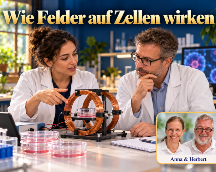 Zwei Forschende betrachten einen symbolischen Versuchsaufbau aus Spulen und Petrischale zur Wirkung von Feldern auf Zellen. Porträtbadge Anna und Herbert rechts unten.