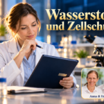 Wasserstoff und Zellschutz – Anna und Herbert - Herbert Eder - Frequenzforscher Frau im weißen Mantel liest eine Mappe unter dem Titel Wasserstoff und Zellschutz.