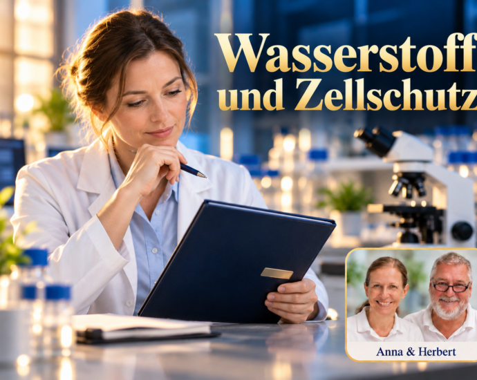 Frau im weißen Mantel liest eine Mappe unter dem Titel Wasserstoff und Zellschutz.