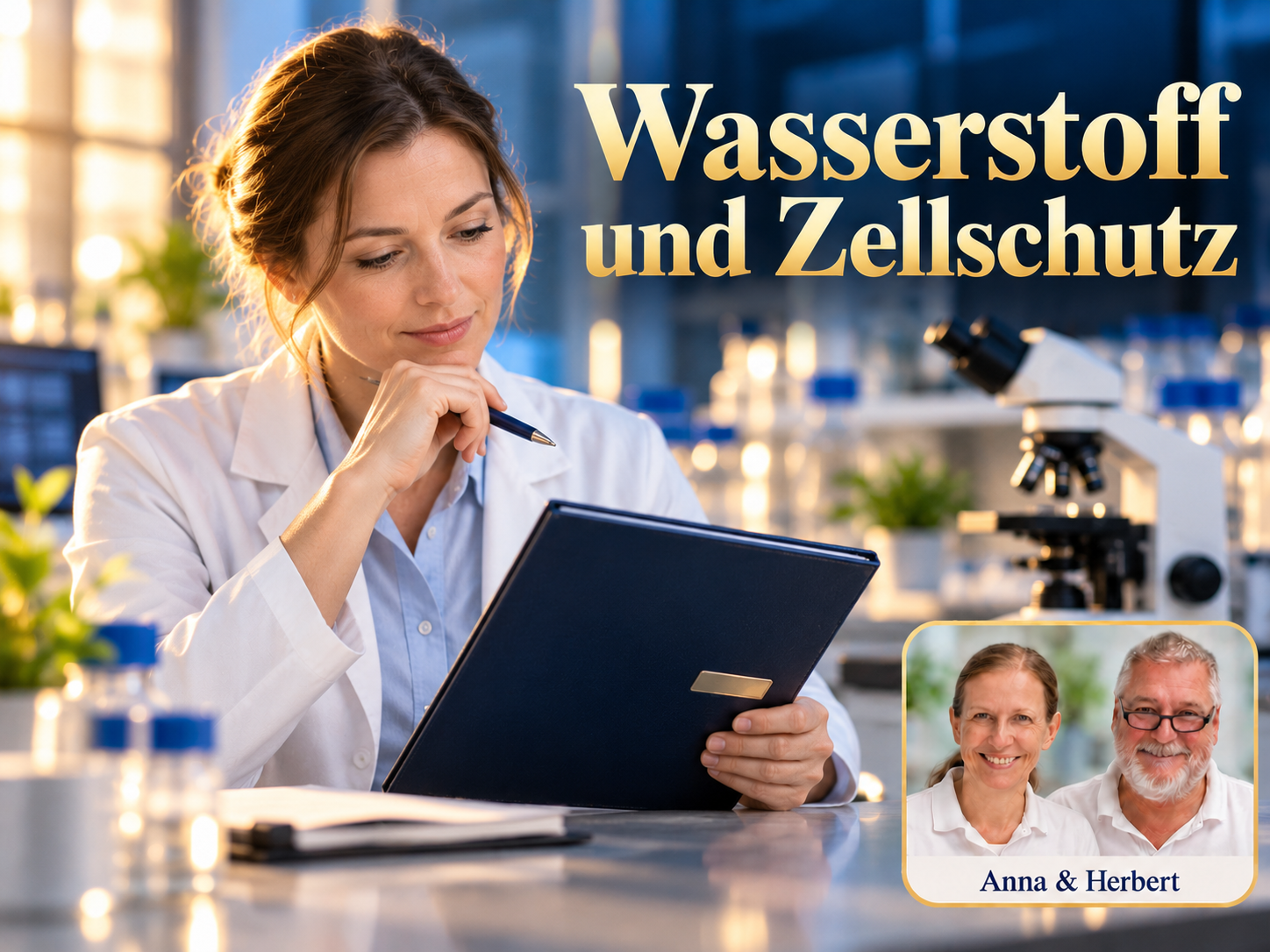 Wasserstoff und Zellschutz – Anna und Herbert - Herbert Eder - Frequenzforscher Frau im weißen Mantel liest eine Mappe unter dem Titel Wasserstoff und Zellschutz.