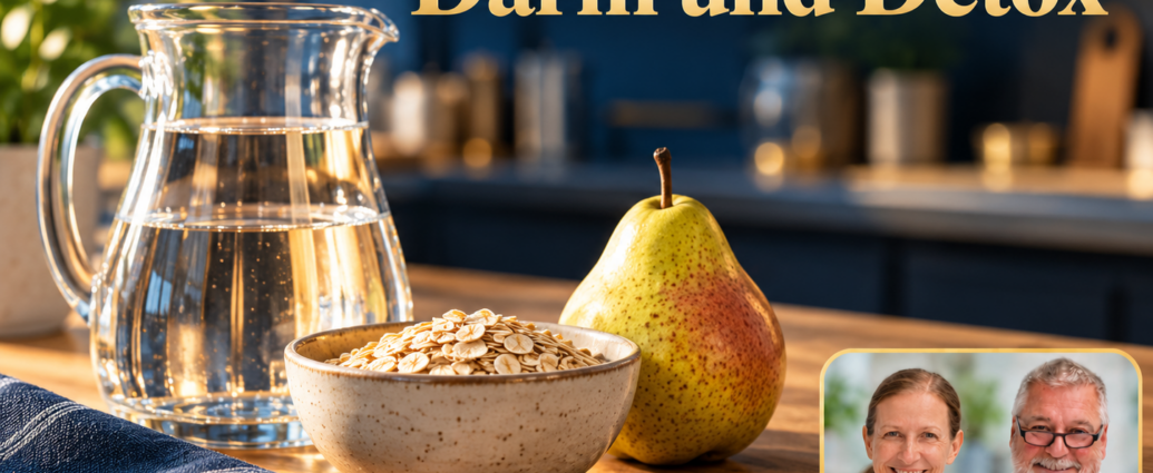 Darm und Detox - Herbert Eder - Frequenzforscher Wasserkaraffe, Birne und eine Schale Haferflocken auf einem Holztisch mit dunkelblauem Tuch. Anna und Herbert sind rechts unten im Porträt-Badge zu sehen.