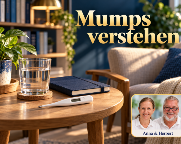 Thermometer, Wasserglas und geschlossenes Notizbuch vor einem Sessel; Anna und Herbert rechts unten.