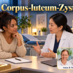 Corpus-luteum-Zyste – Anna und Herbert - Herbert Eder - Frequenzforscher Zwei Frauen, eine im weißen Mantel, sprechen vor einem unscharfen Bildschirm unter dem Titel Corpus-luteum-Zyste.
