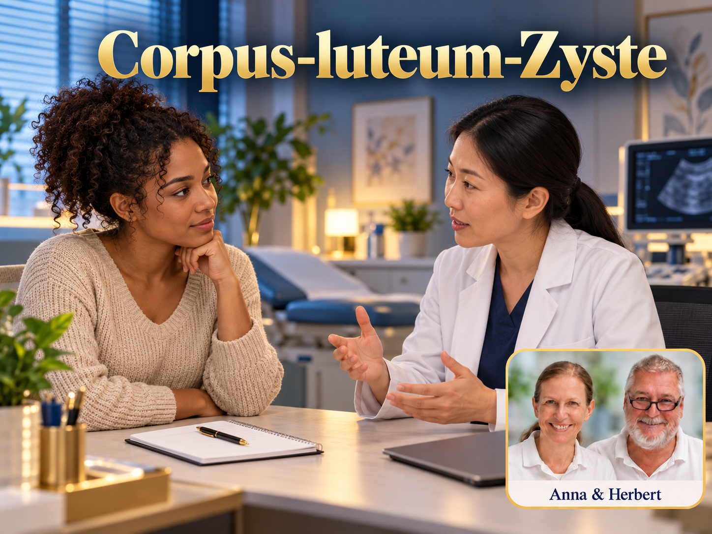 Corpus-luteum-Zyste – Anna und Herbert - Herbert Eder - Frequenzforscher Zwei Frauen, eine im weißen Mantel, sprechen vor einem unscharfen Bildschirm unter dem Titel Corpus-luteum-Zyste.