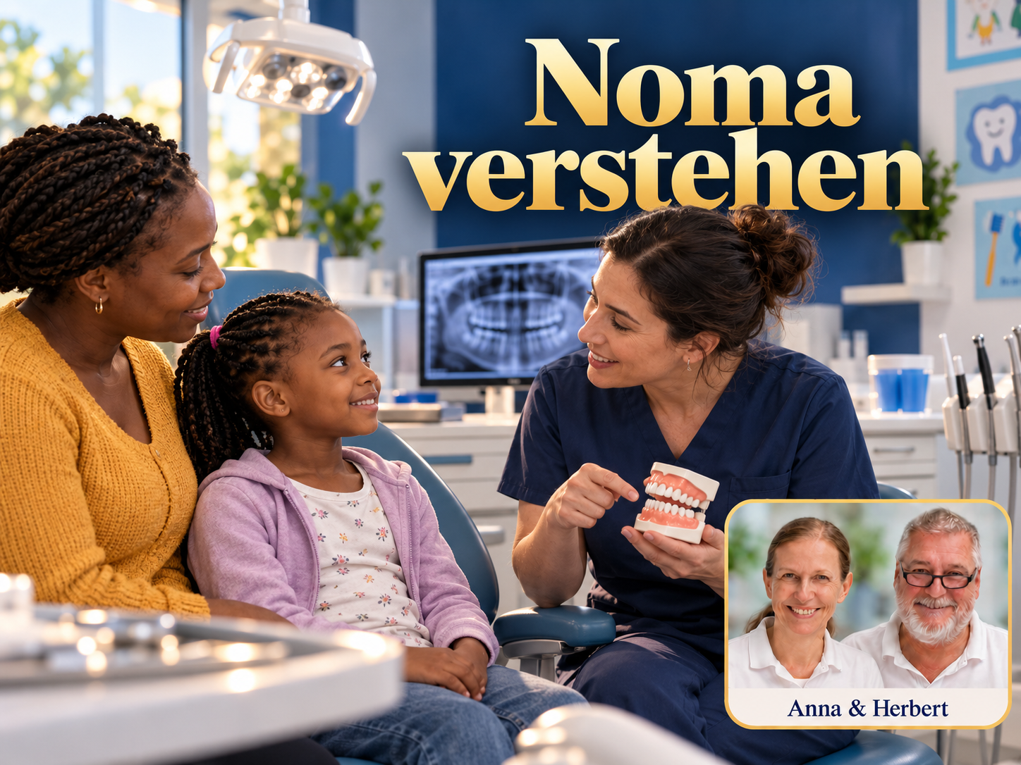 Noma verstehen – Anna und Herbert - Herbert Eder - Frequenzforscher Erwachsene Person und Kind sprechen mit einer Frau, die ein Zahnmodell hält, unter dem Titel Noma verstehen.