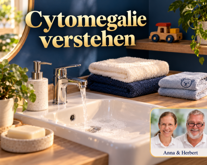 Waschbecken, Seife und getrennte Handtücher, darüber ein Holzspielzeug; Porträtbadge rechts unten.