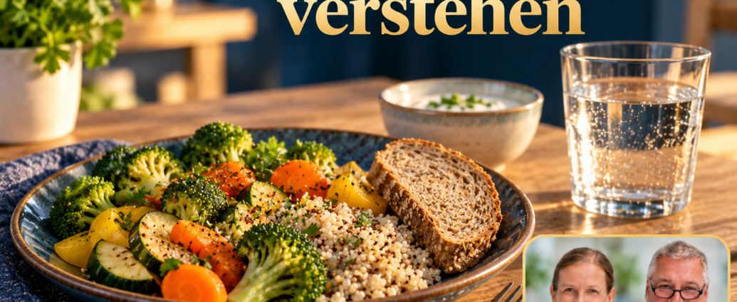 Verdauung verstehen - Herbert Eder - Frequenzforscher Ein Teller mit Gemüse, Getreide und Brot neben einem Wasserglas auf einem gedeckten Holztisch. Anna und Herbert sind rechts unten im Porträt-Badge zu sehen.