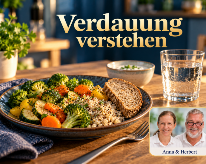 Ein Teller mit Gemüse, Getreide und Brot neben einem Wasserglas auf einem gedeckten Holztisch. Anna und Herbert sind rechts unten im Porträt-Badge zu sehen.