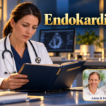 Endokarditis – Anna und Herbert - Herbert Eder - Frequenzforscher Frau im weißen Mantel betrachtet eine Mappe vor einem unscharfen Herzbild unter dem Titel Endokarditis.