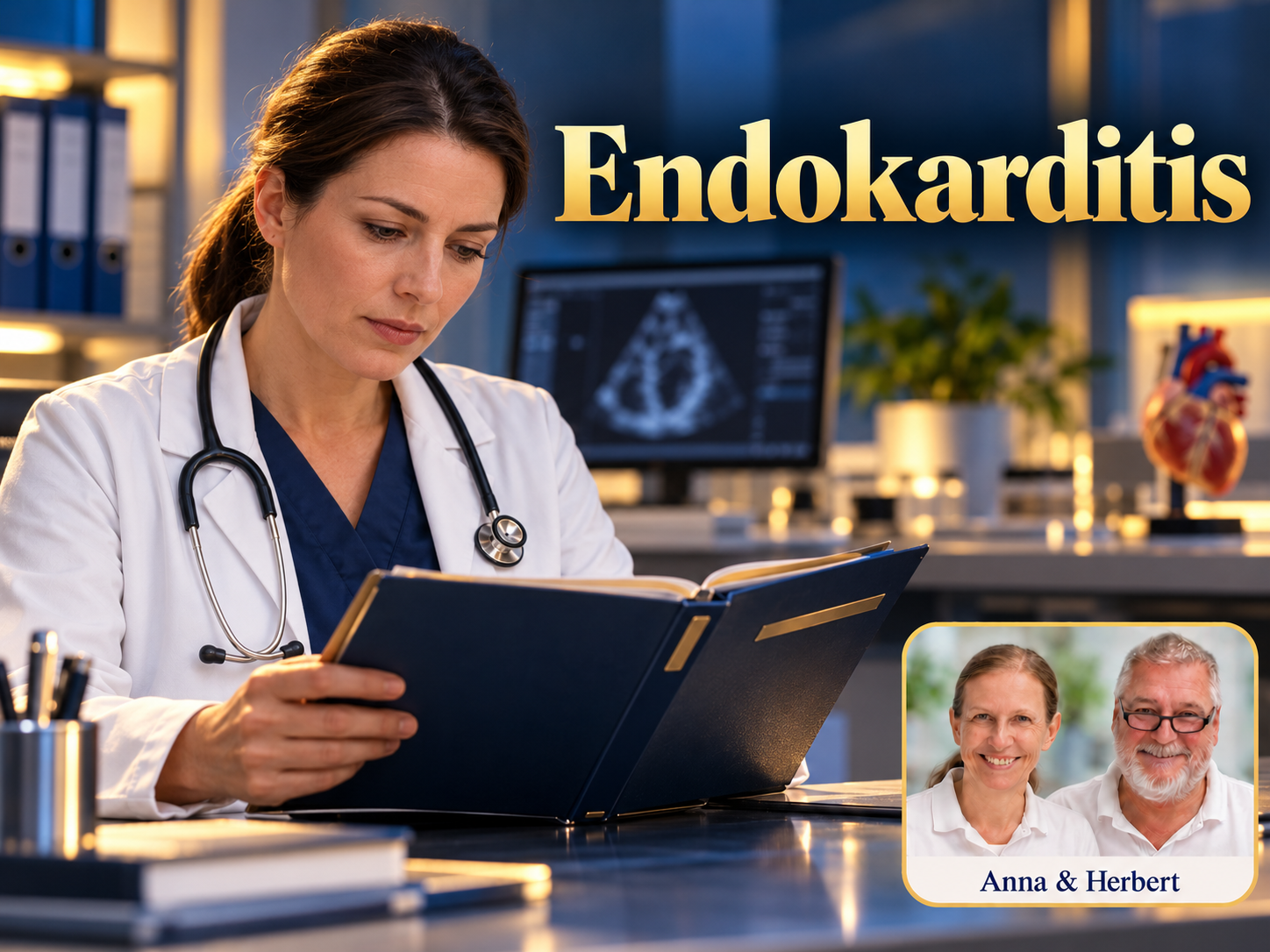Endokarditis – Anna und Herbert - Herbert Eder - Frequenzforscher Frau im weißen Mantel betrachtet eine Mappe vor einem unscharfen Herzbild unter dem Titel Endokarditis.
