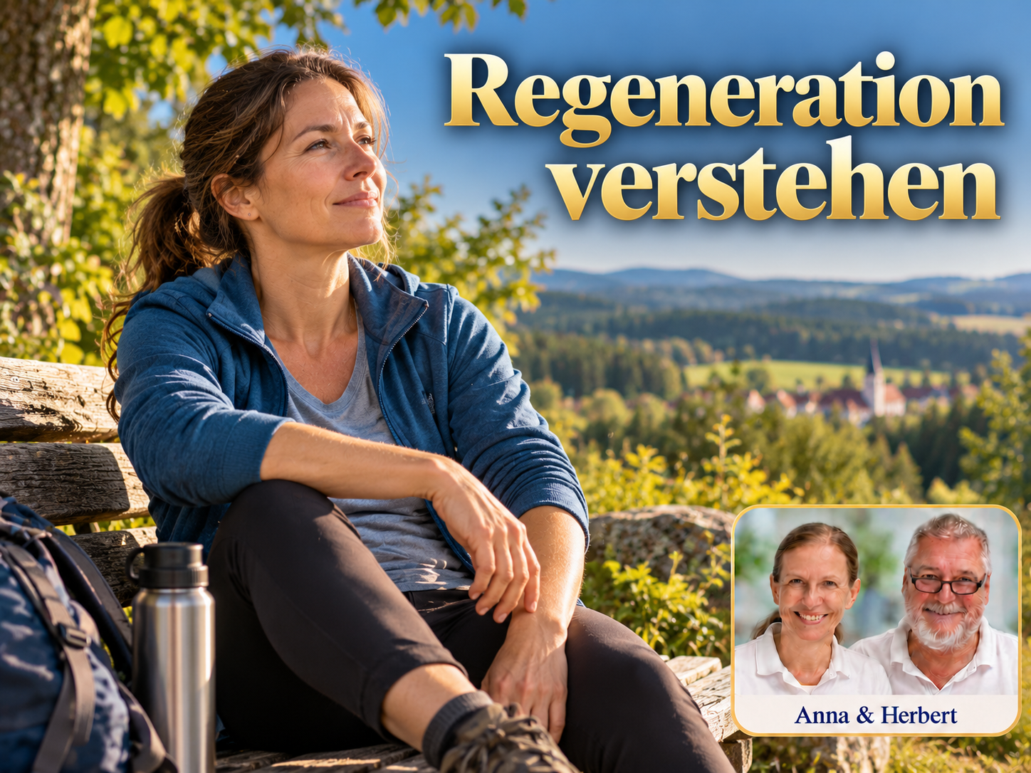 Regeneration verstehen – Anna und Herbert - Herbert Eder - Frequenzforscher Frau sitzt entspannt auf einer Bank in einer Landschaft unter dem Titel Regeneration verstehen.