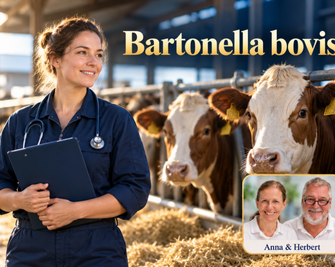 Frau mit Klemmbrett und Stethoskop steht neben Rindern im Stall unter dem Titel Bartonella bovis.