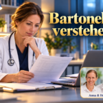 Bartonella verstehen – Anna und Herbert - Herbert Eder - Frequenzforscher Frau im weißen Mantel betrachtet einen Ausdruck unter dem Titel Bartonella verstehen.