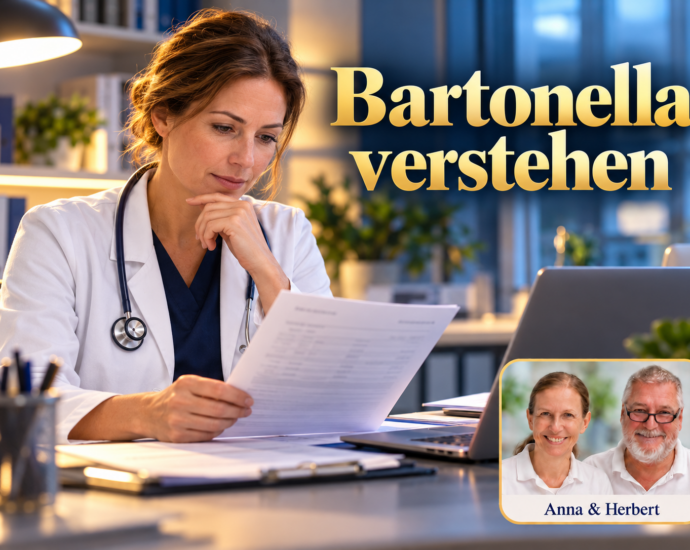 Frau im weißen Mantel betrachtet einen Ausdruck unter dem Titel Bartonella verstehen.