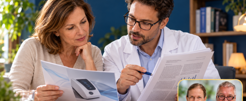 Frequenztherapie prüfen – Anna und Herbert - Herbert Eder - Frequenzforscher Eine Frau und ein Fachmann vergleichen eine Gerätebroschüre mit Forschungsunterlagen zur Prüfung von Gesundheitsversprechen. Porträtbadge Anna und Herbert rechts unten.